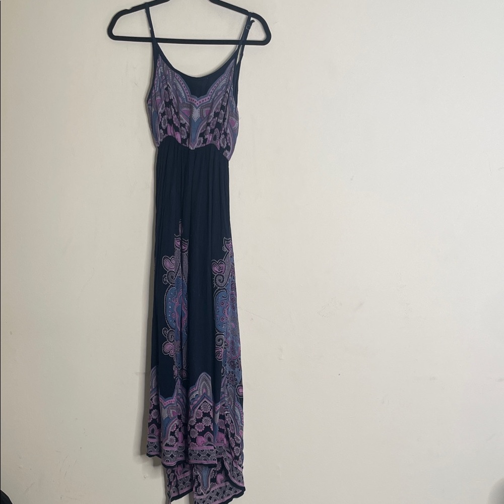 EARTHBOUND Navy Maxi Dress with Purple Paisley Trim